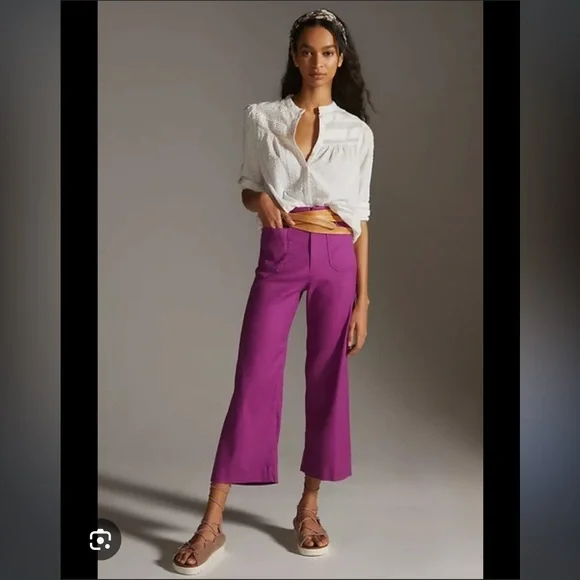 Sz 8 EUC Maeve Magenta Linen Colette Wide Leg Pants Anthropologie - Picture 3 of 14